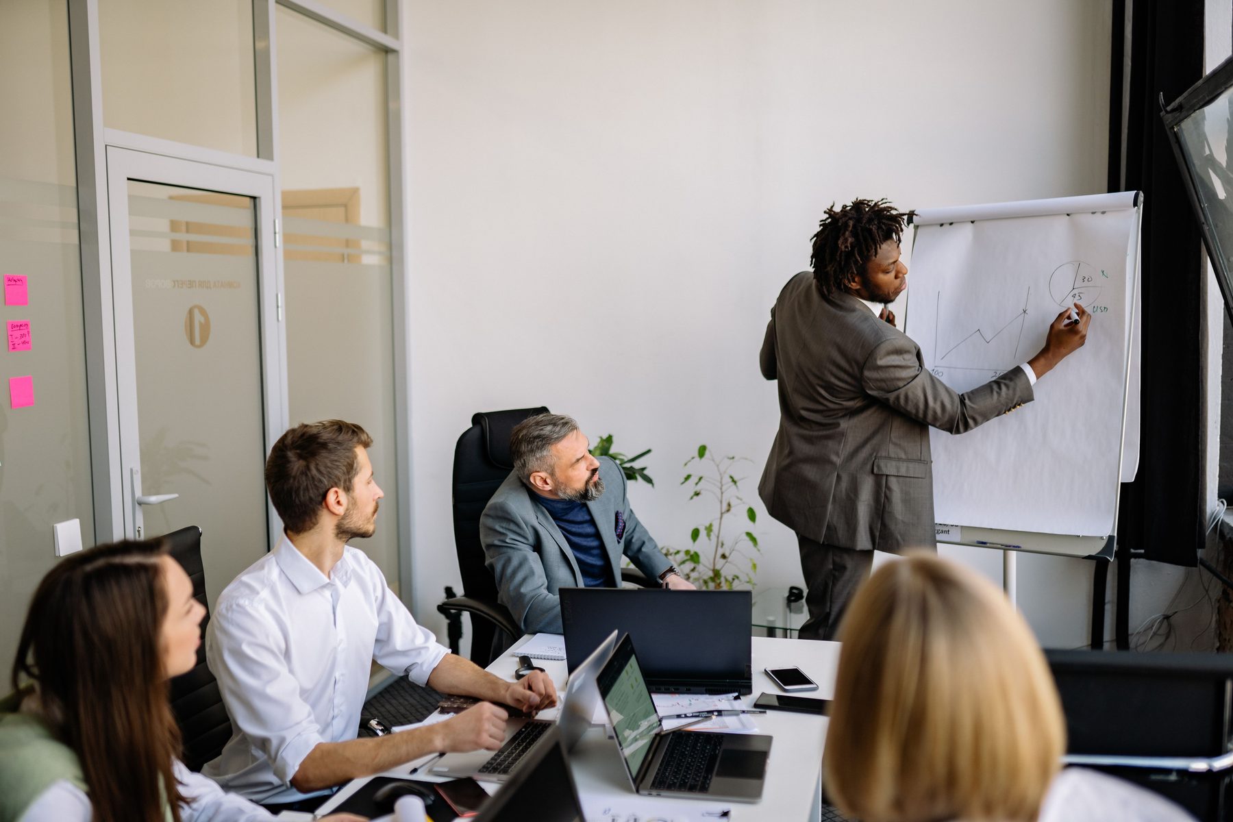 A person explaining a diagram on a board to two colleagues